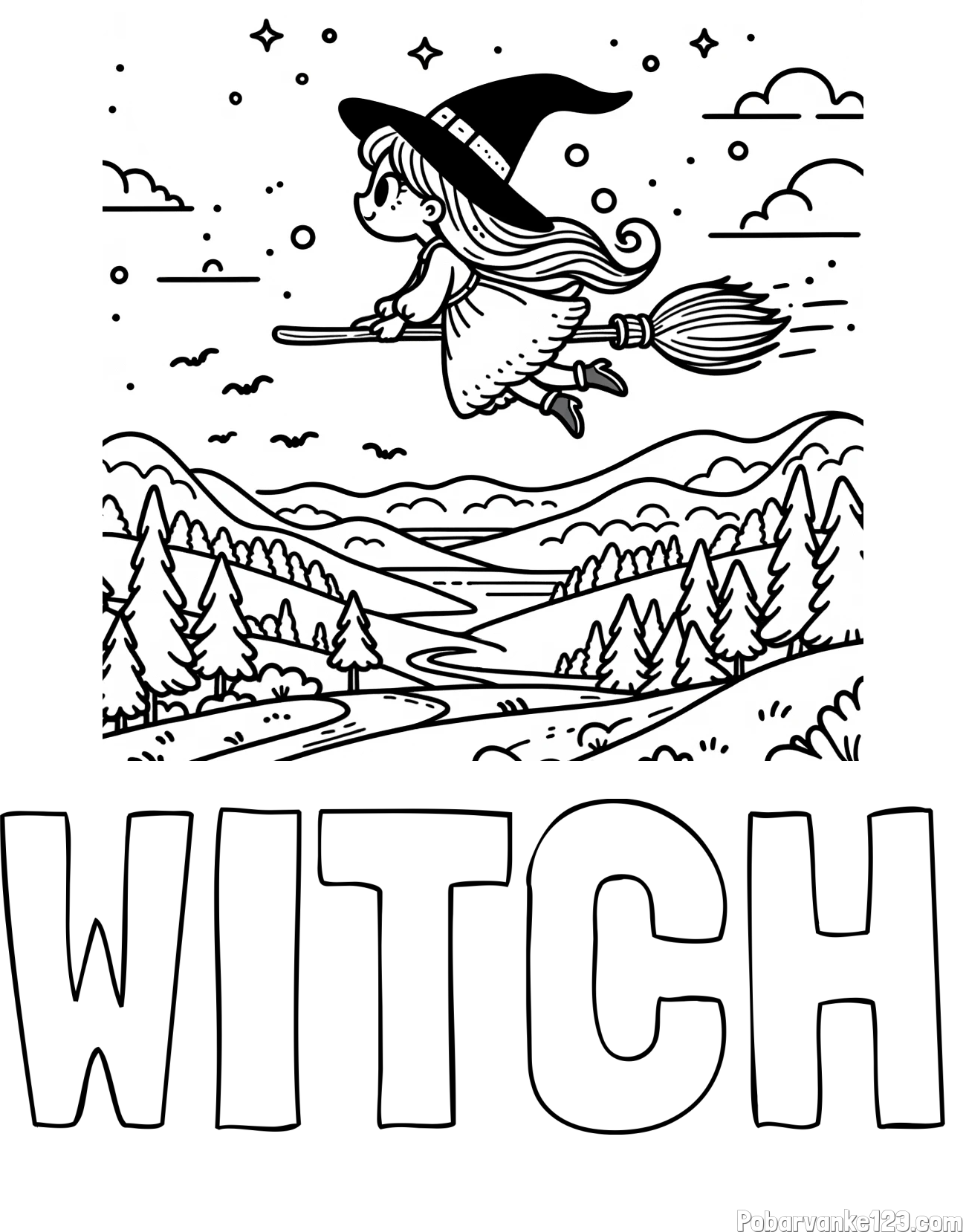Pobarvanka imena WITCH in pobarvanka čarovnice, ki leti na metli