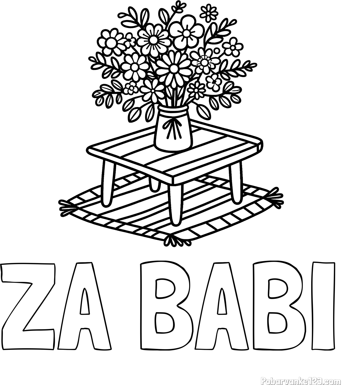 Pobarvanka imena ZA BABI in pobarvanka šopka rož na mizi