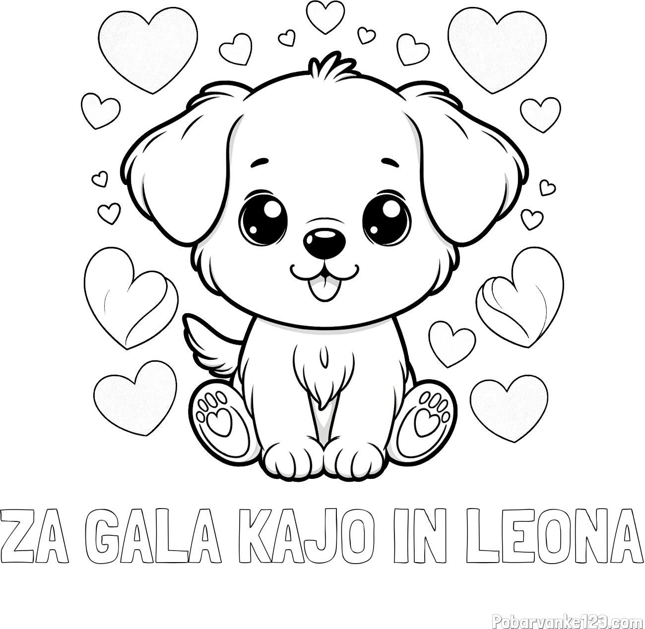 Pobarvanka imena ZA GALA KAJO IN LEONA in pobarvanka ljubkega kužka obdanega s srčki