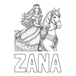 Online izdelana pobarvanka - Pobarvanka imena ŽANA in pobarvanka nasmejana princese na konju