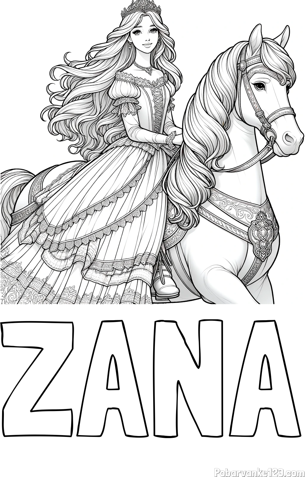 Pobarvanka imena ŽANA in pobarvanka nasmejana princese na konju