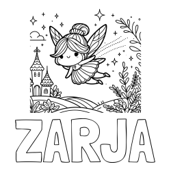 Online izdelana pobarvanka - Pobarvanka imena ZARJA in pobarvanka čarobne vile, ki leti nad pravljično pokrajino