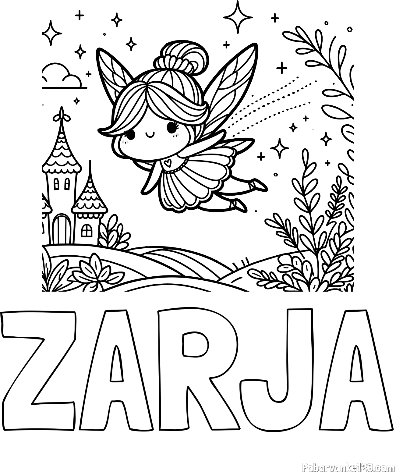 Pobarvanka imena ZARJA in pobarvanka čarobne vile, ki leti nad pravljično pokrajino