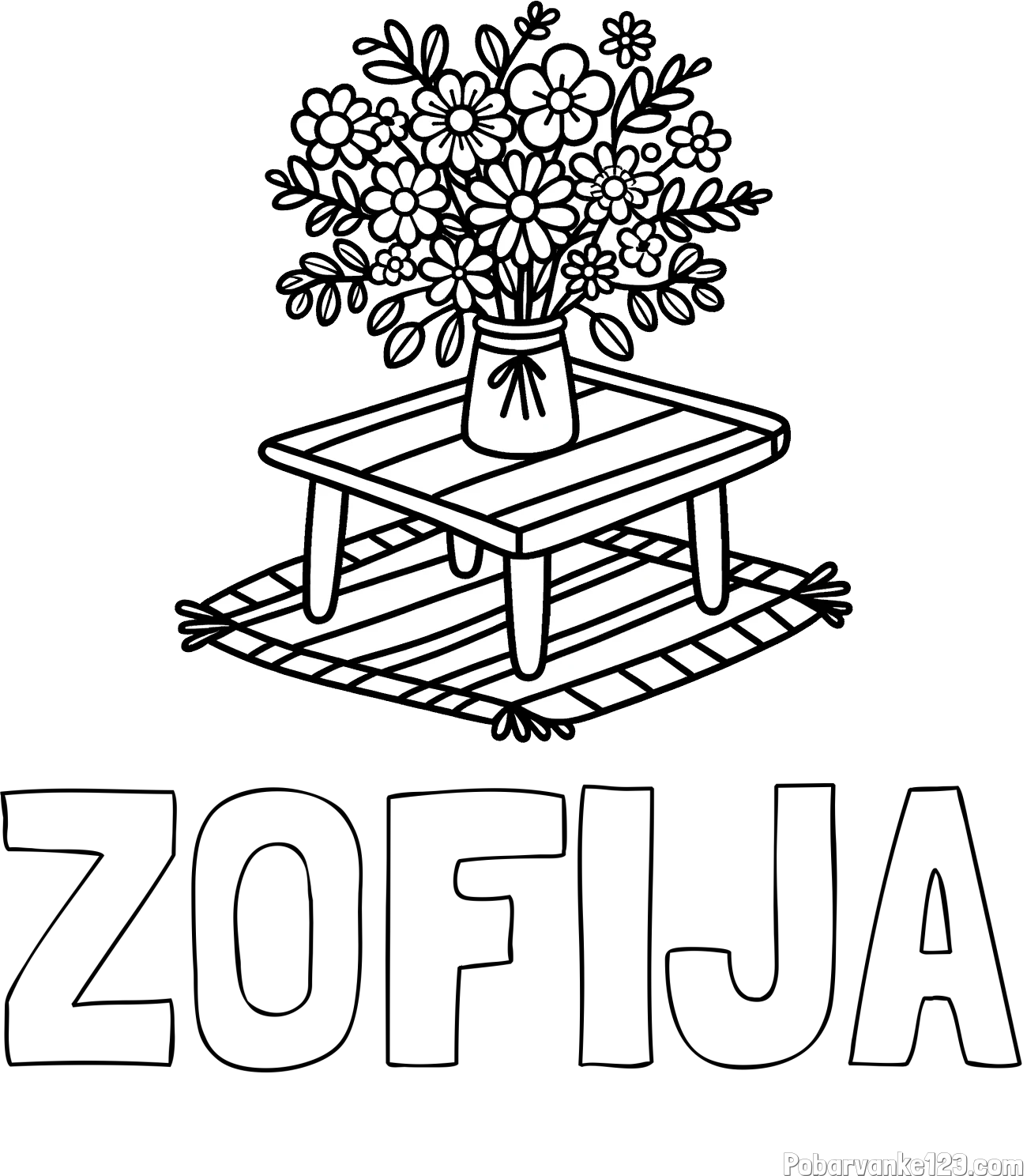 Pobarvanka imena ZOFIJA in pobarvanka šopka rož na mizi
