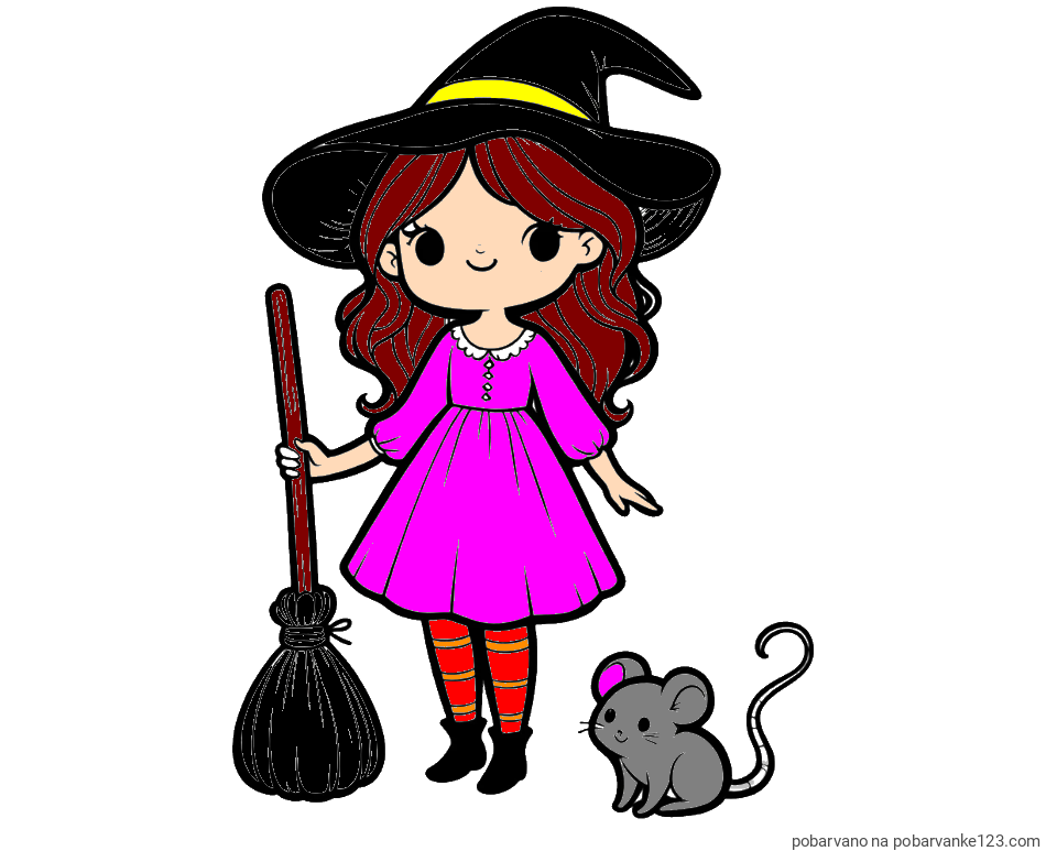 POBARVANA POBARVANKA - Pobarvanka čarovnice z metlo in miško
