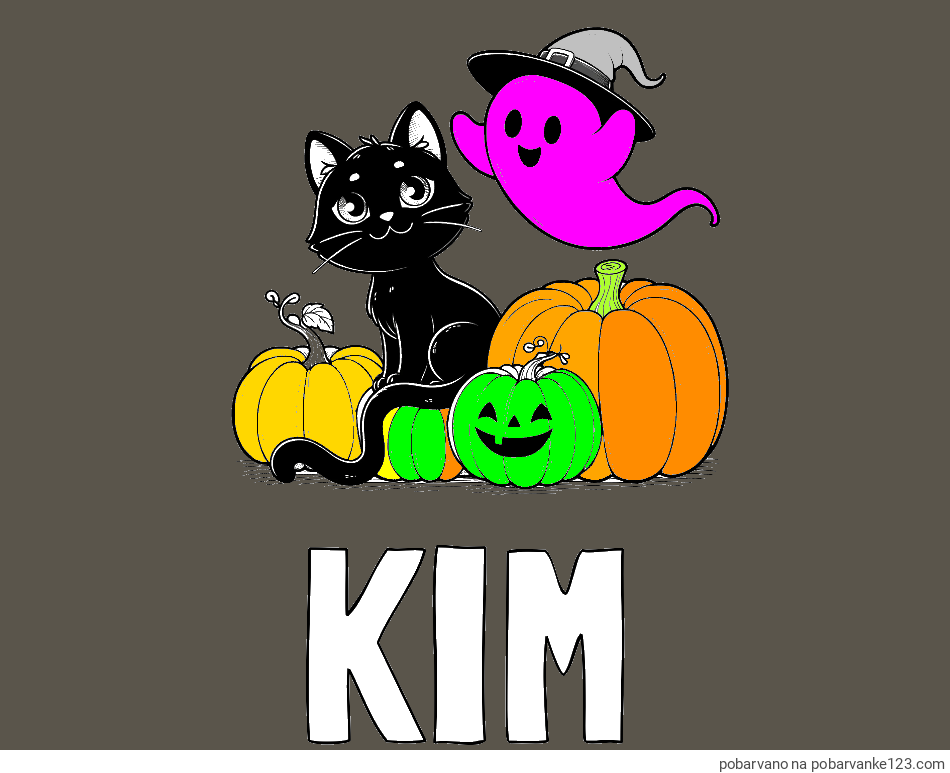 POBARVANA POBARVANKA - Pobarvanka imena KIM in pobarvanka prijaznega duhca, črne mačke ter buč za noč čarovnic