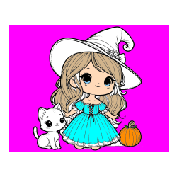 Pobarvana pobarvanka - Pobarvanka ljubke čarovnice, muce in buče