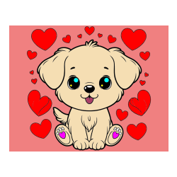 Pobarvana pobarvanka - Pobarvanka ljubkega kužka obdanega s srčki