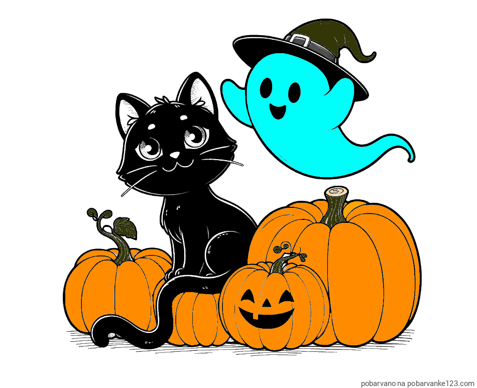 POBARVANA POBARVANKA - Pobarvanka prijaznega duhca, črne mačke ter buč za noč čarovnic