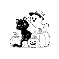 Pobarvana pobarvanka - Pobarvanka prijaznega duhca, črne mačke ter buč za noč čarovnic