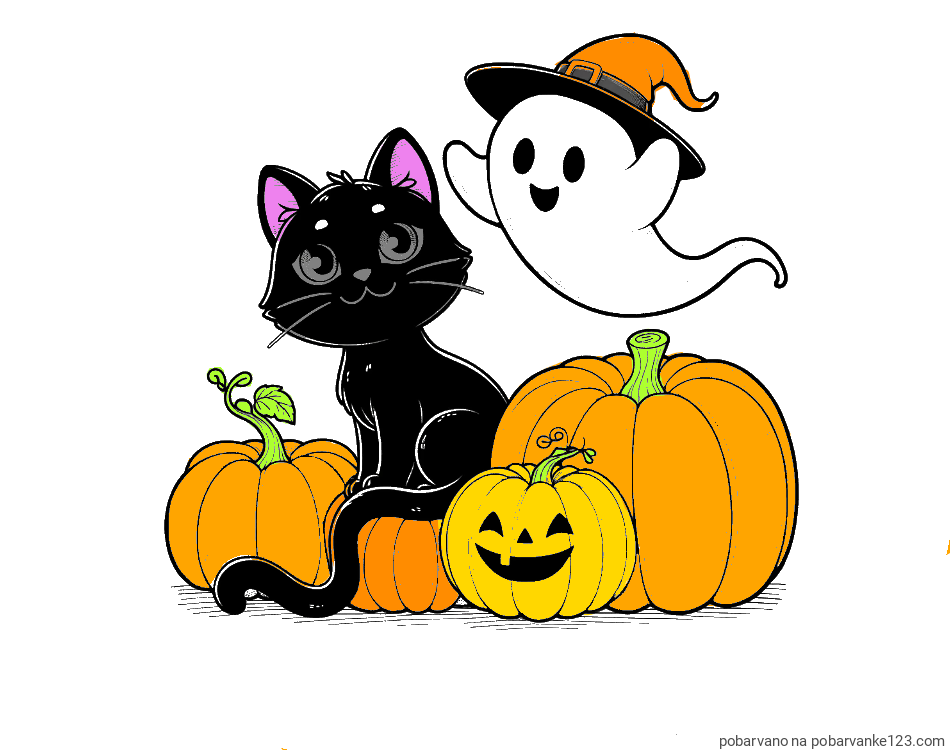 POBARVANA POBARVANKA - Pobarvanka prijaznega duhca, črne mačke ter buč za noč čarovnic