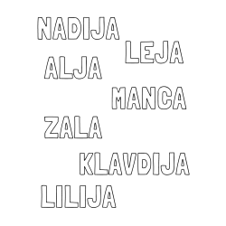 Pobarvanka imen NADIJA, ALJA, ZALA, KLAVDIJA, MANCA, LEJA IN LILIJA