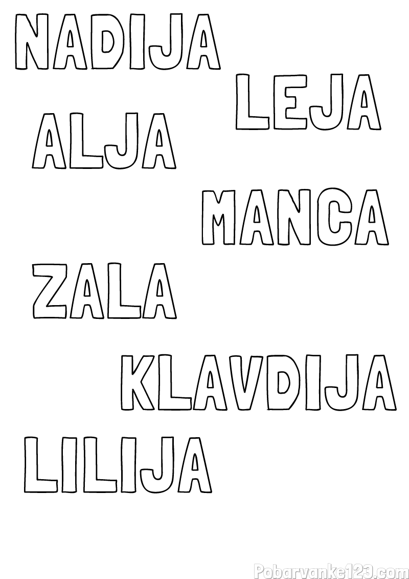 Pobarvanka imen NADIJA, ALJA, ZALA, KLAVDIJA, MANCA, LEJA IN LILIJA
