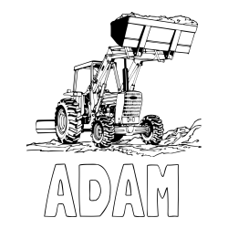 Online izdelana pobarvanka - Pobarvanka imena ADAM in pobarvanka velikega traktorja med prenosom zemljine