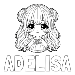 Pobarvanka imena ADELISA in pobarvanka prikupne punčke v anime slogu