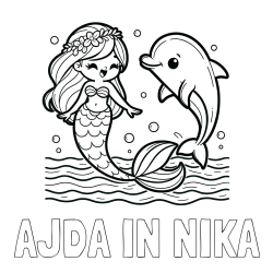 Online izdelana pobarvanka - Pobarvanka imena AJDA IN NIKA in pobarvanka ljubke morske deklice, ki pleše z delfinom