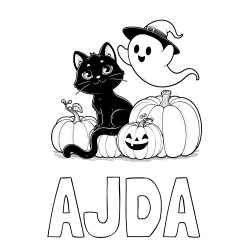 Online izdelana pobarvanka - Pobarvanka imena AJDA in pobarvanka prijaznega duhca, črne mačke ter buč za noč čarovnic