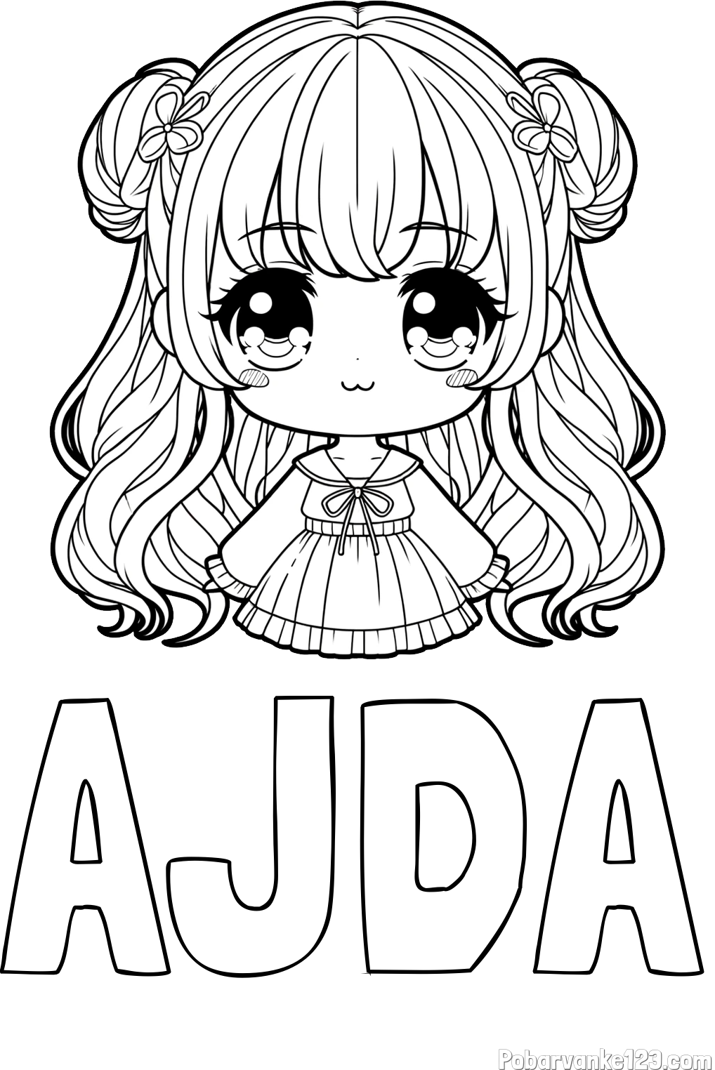 Pobarvanka imena AJDA in pobarvanka prikupne punčke v anime slogu