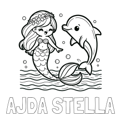 Online izdelana pobarvanka - Pobarvanka imena AJDA STELLA in pobarvanka ljubke morske deklice, ki pleše z delfinom