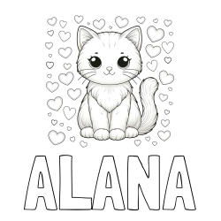 Online izdelana pobarvanka - Pobarvanka imena ALANA in pobarvanka ljubke mucke obdane s srčki