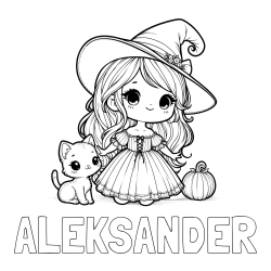Online izdelana pobarvanka - Pobarvanka imena ALEKSANDER in pobarvanka ljubke čarovnice, muce in buče