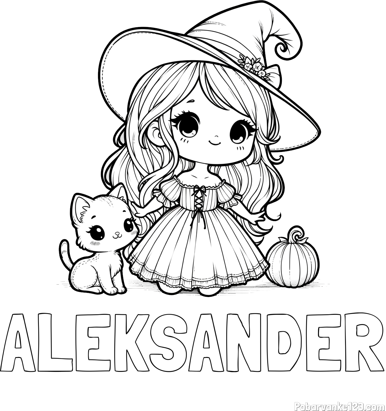 Pobarvanka imena ALEKSANDER in pobarvanka ljubke čarovnice, muce in buče