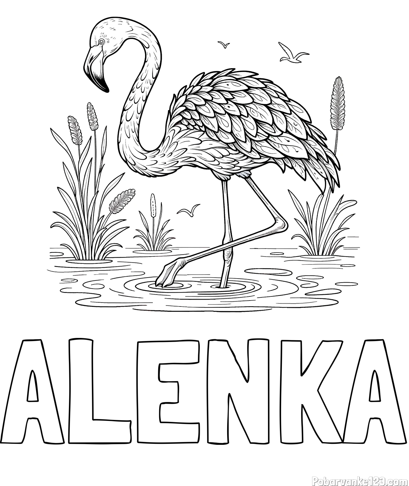 Pobarvanka imena ALENKA in pobarvanka flaminga v močvirju