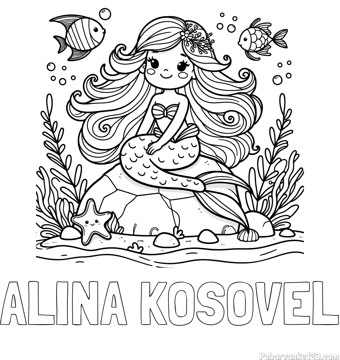 Pobarvanka imena ALINA KOSOVEL in pobarvanka prikupne male morske deklice