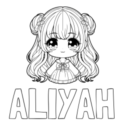 Online izdelana pobarvanka - Pobarvanka imena ALIYAH in pobarvanka prikupne punčke v anime slogu