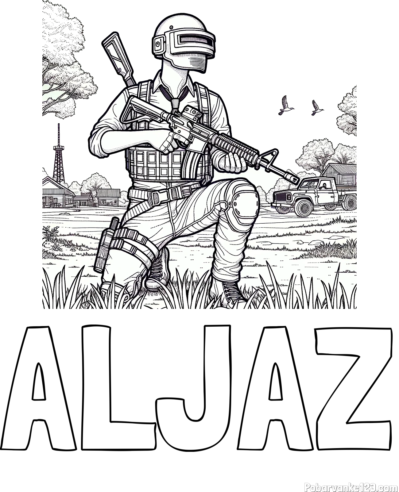 Pobarvanka imena ALJAŽ in PUBG pobarvanka glavnega lika v klečečem položaju