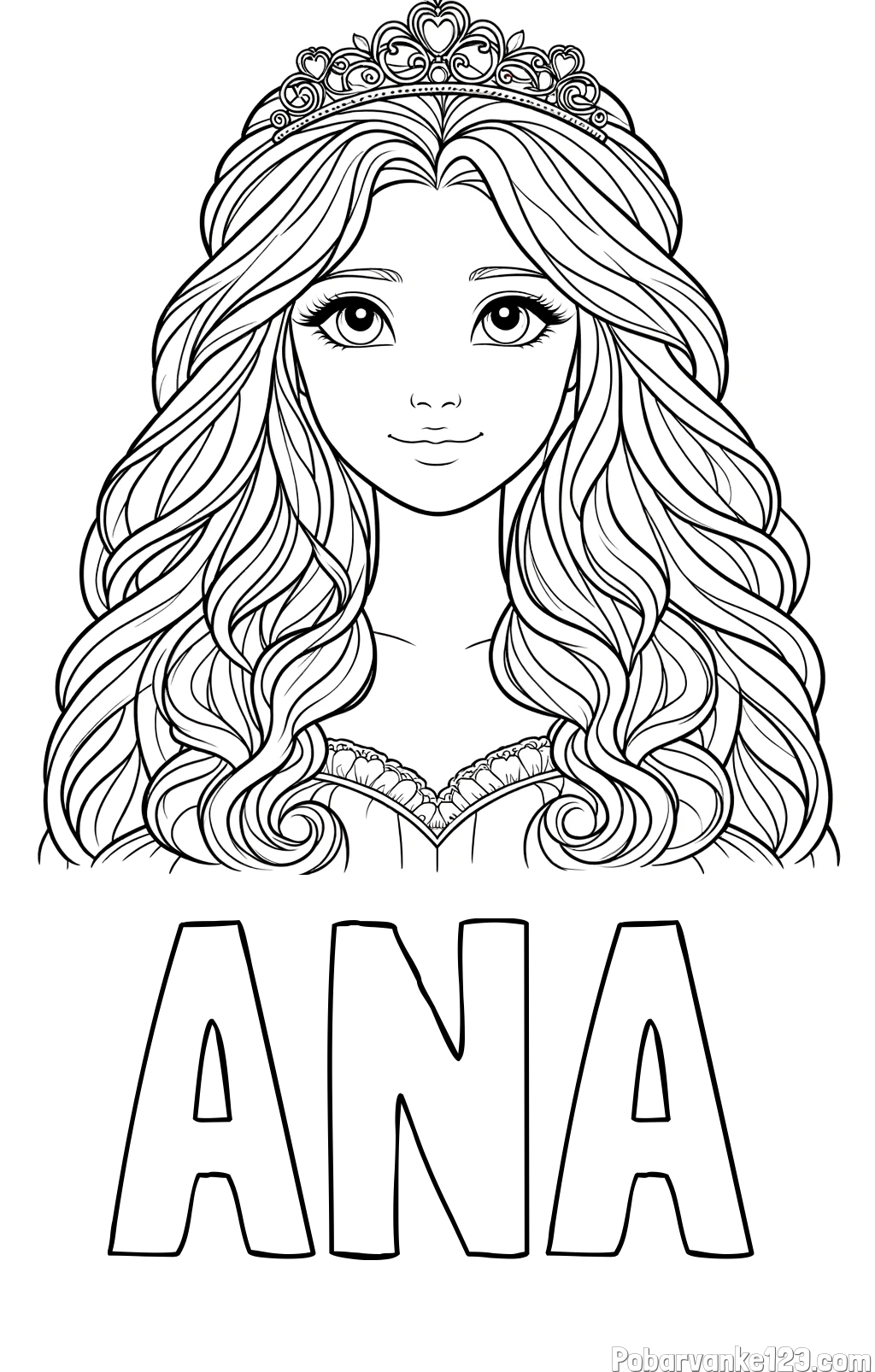 Pobarvanka imena ANA in pobarvanka ljubke princese z bujnimi lasmi