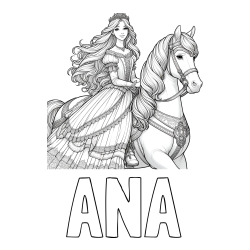 Online izdelana pobarvanka - Pobarvanka imena ANA in pobarvanka nasmejana princese na konju