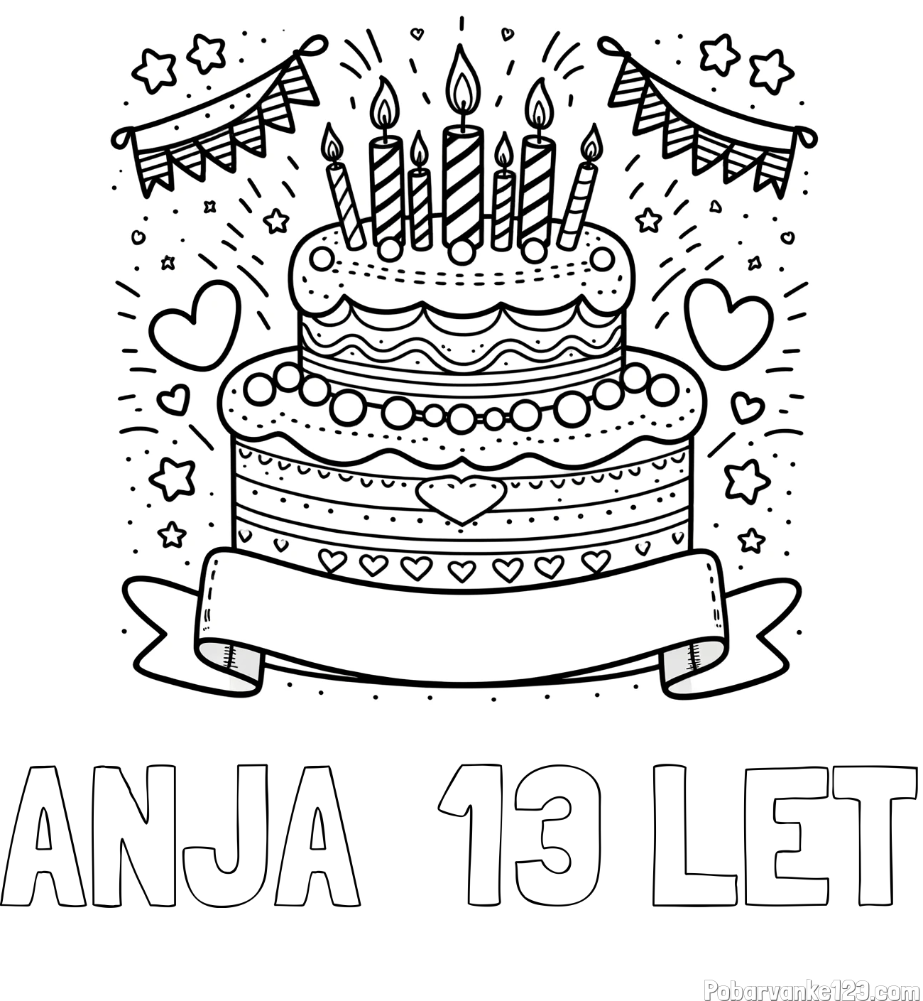 Pobarvanka imena ANJA  13 LET in pobarvanka velike torte za rojstni dan