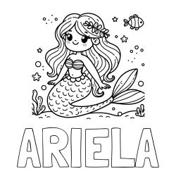 Online izdelana pobarvanka - Pobarvanka imena ARIELA in pobarvanka ljubke morske deklice v morju