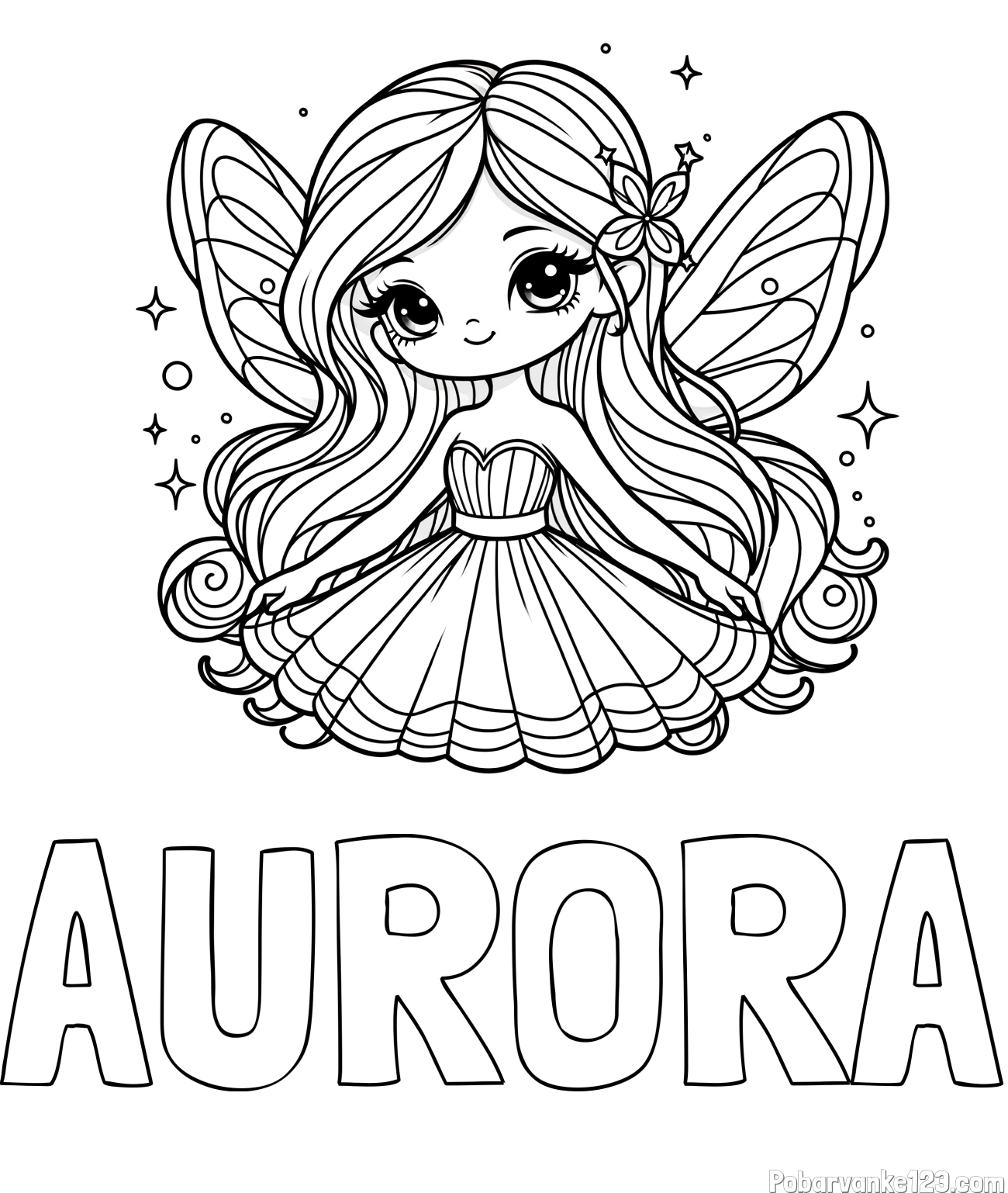 Pobarvanka imena AURORA in pobarvanka ljubke in nasmejane čarobne vile