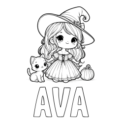 Online izdelana pobarvanka - Pobarvanka imena AVA in pobarvanka ljubke čarovnice, muce in buče