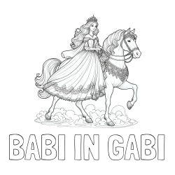 Online izdelana pobarvanka - Pobarvanka imena BABI IN GABI in pobarvanka princese na konju