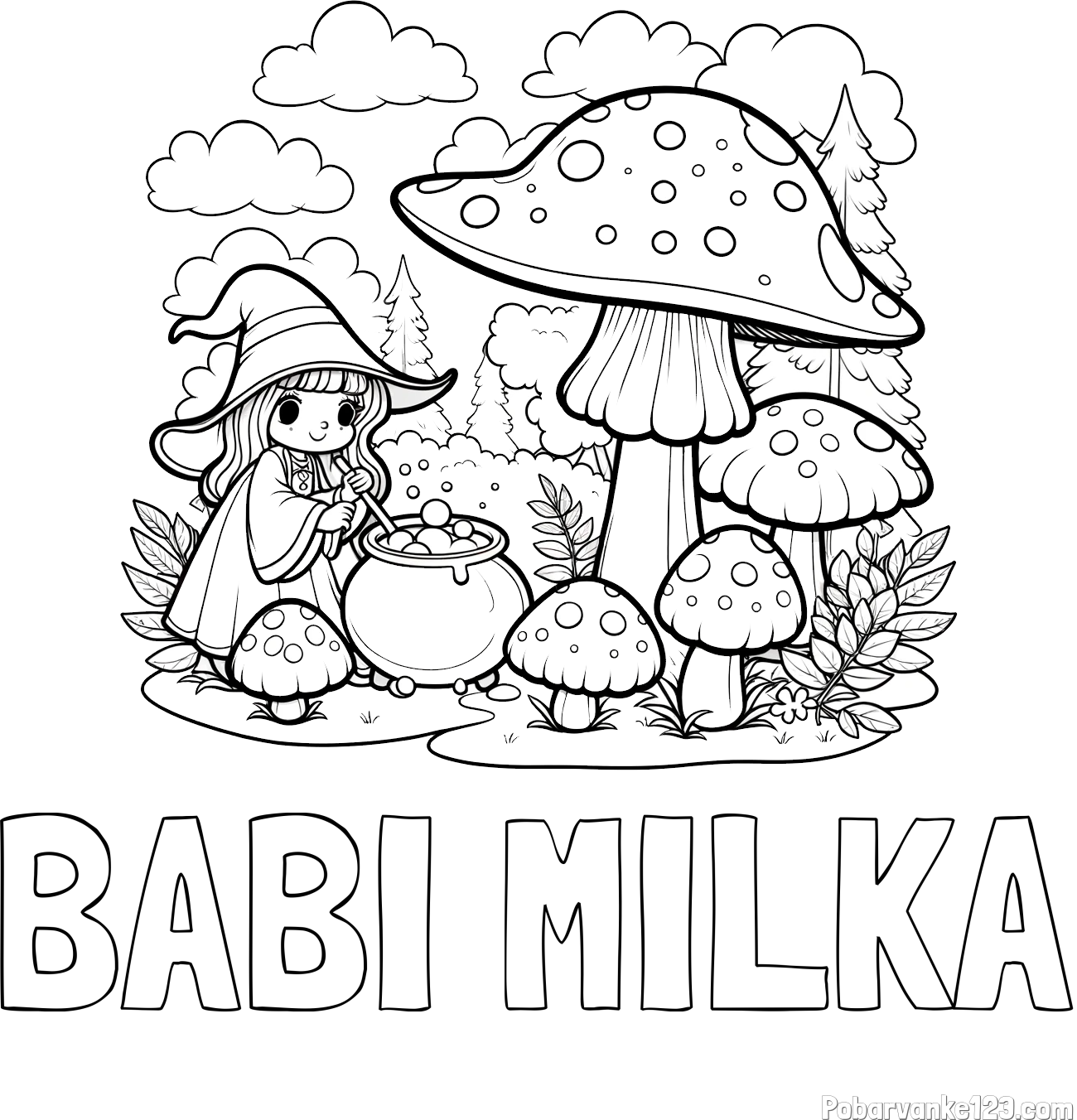 Pobarvanka imena BABI MILKA in pobarvanka čarovnice med gobami