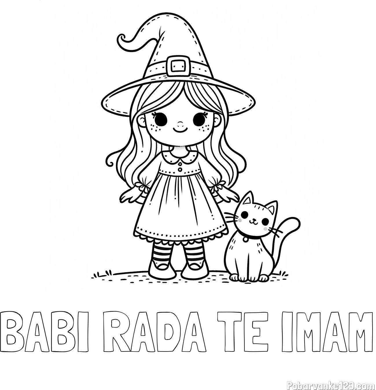 Pobarvanka imena BABI RADA TE IMAM in Čudovita pobarvanka ljubke čarovnice in nasmejane mačke