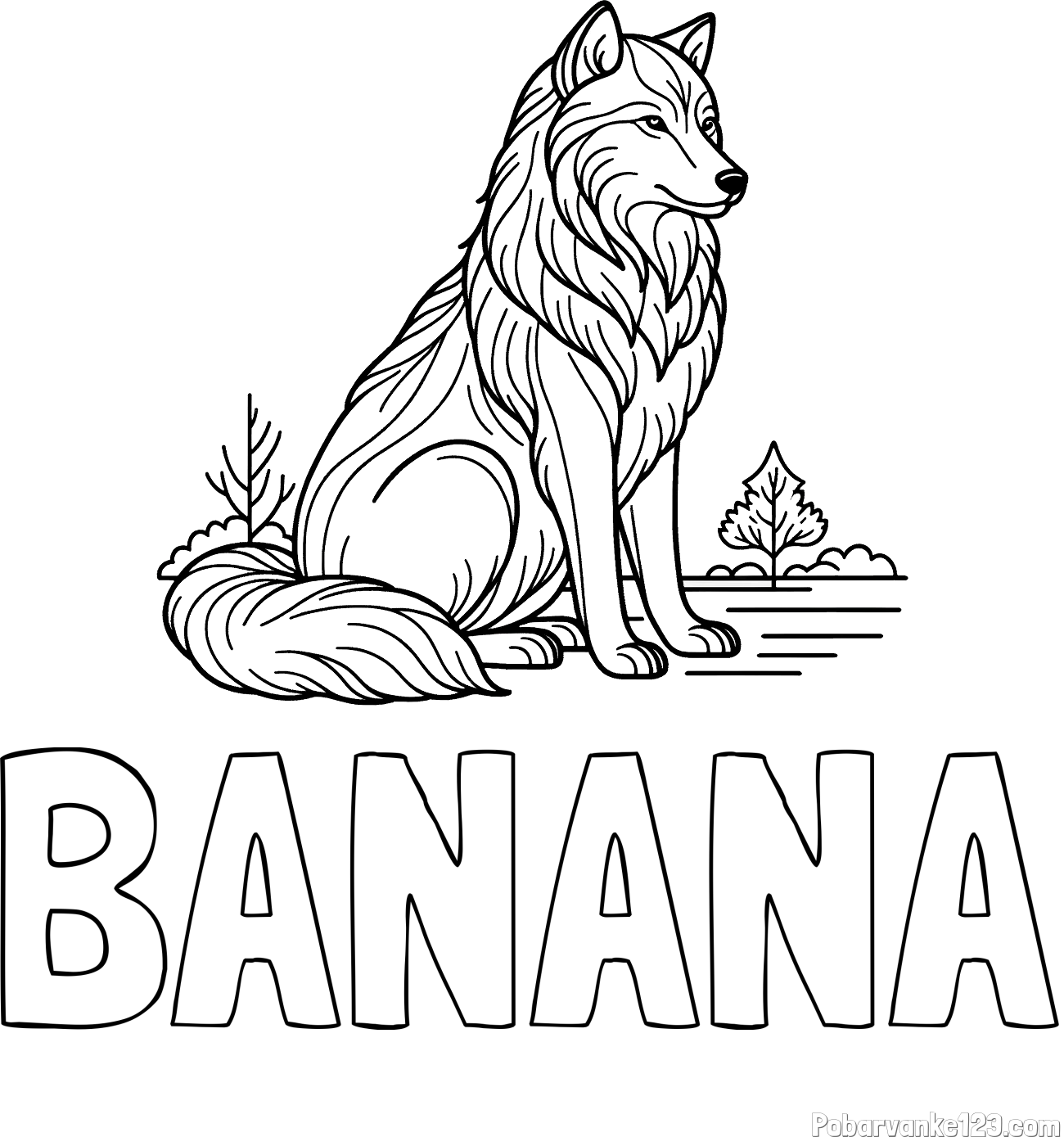 Pobarvanka imena BANANA in pobarvanka sedečega volka
