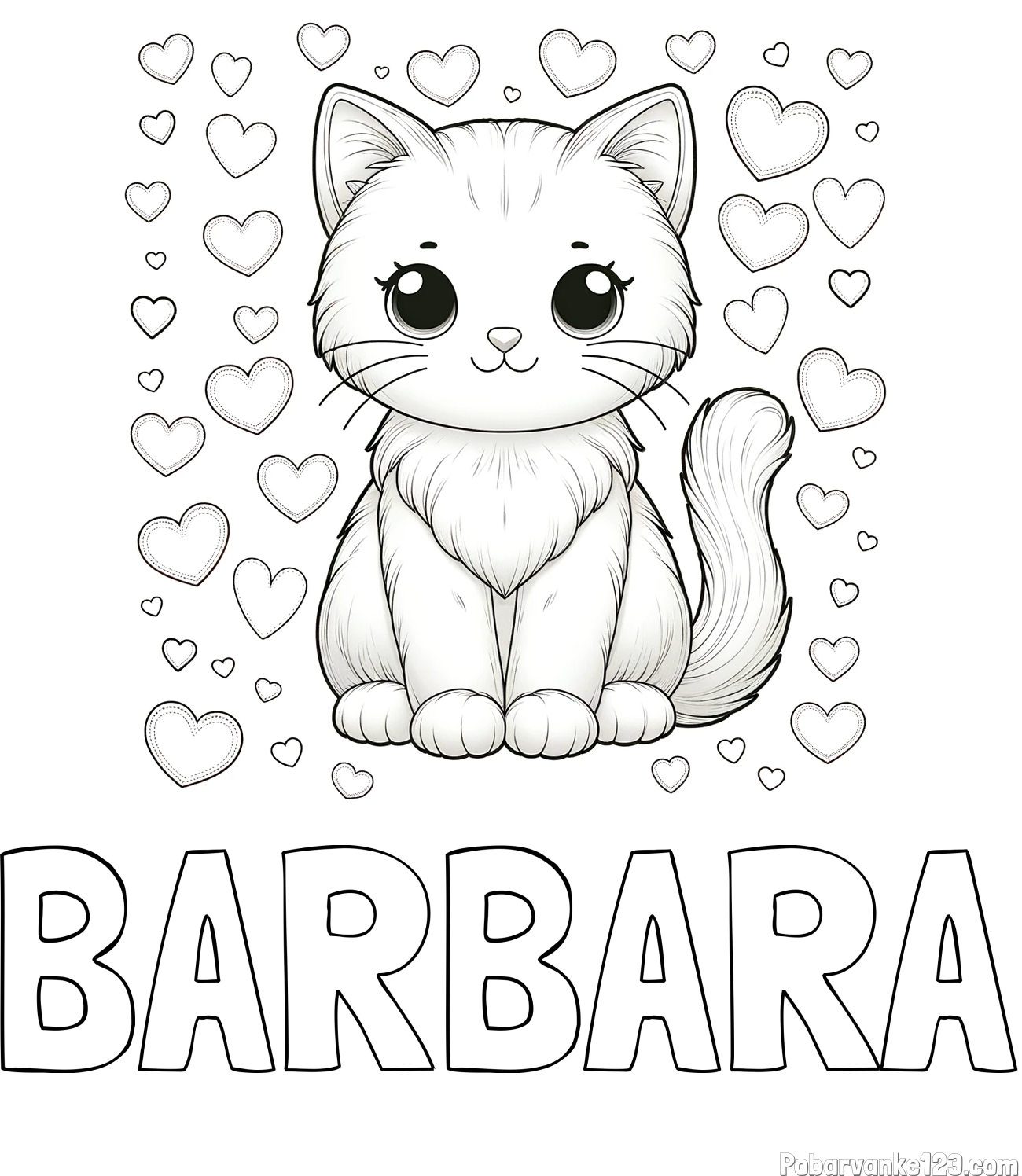Pobarvanka imena BARBARA in pobarvanka ljubke mucke obdane s srčki