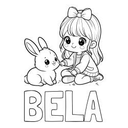 Online izdelana pobarvanka - Pobarvanka imena BELA in pobarvanka ljubke punčke, ki se igra z zajčkom