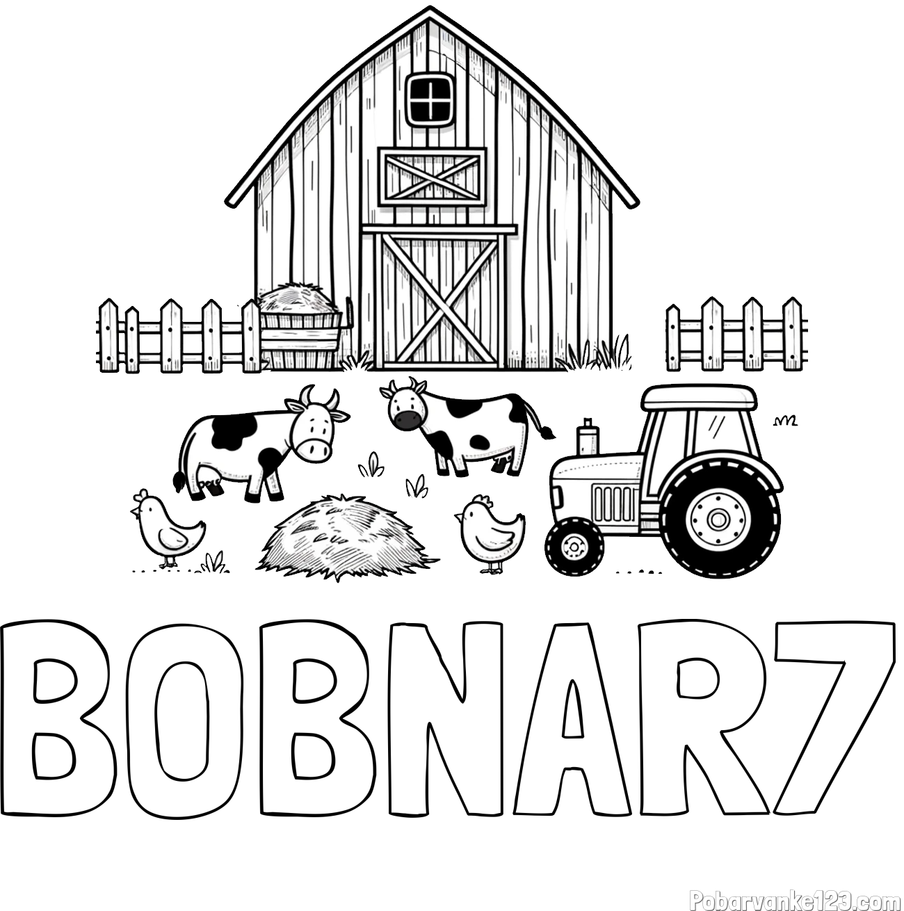 Pobarvanka imena BOBNAR7 in otroška pobarvanka velikega senika, krav in traktorja
