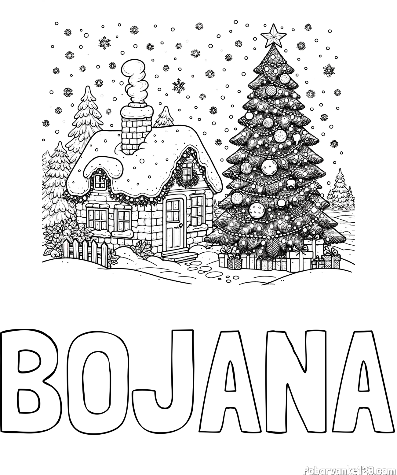 Pobarvanka imena BOJANA in pobarvanka zasnežene hiške na božično noč