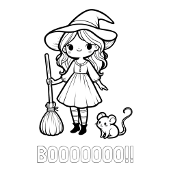 Online izdelana pobarvanka - Pobarvanka imena BOOOOOOO!! in pobarvanka čarovnice z metlo in miško