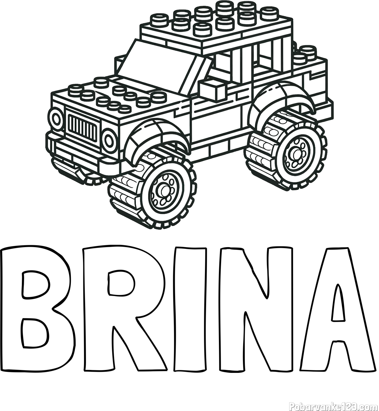 Pobarvanka imena BRINA in pobarvanka džipa sestavljenega iz LEGO kock