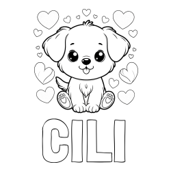Online izdelana pobarvanka - Pobarvanka imena ČILI in pobarvanka ljubkega kužka obdanega s srčki