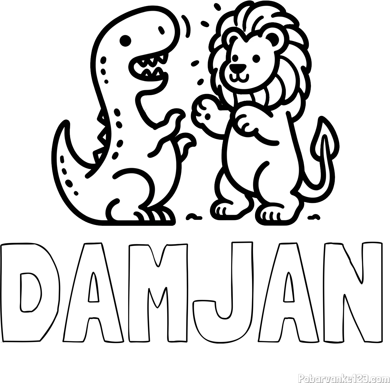 Pobarvanka imena DAMJAN in pobarvanka dinozavra, ki napada leva