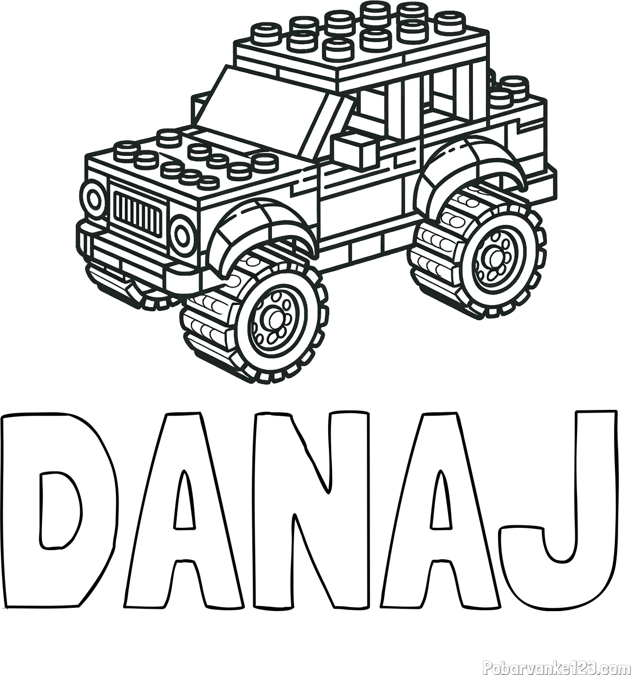 Pobarvanka imena DANAJ in pobarvanka džipa sestavljenega iz LEGO kock