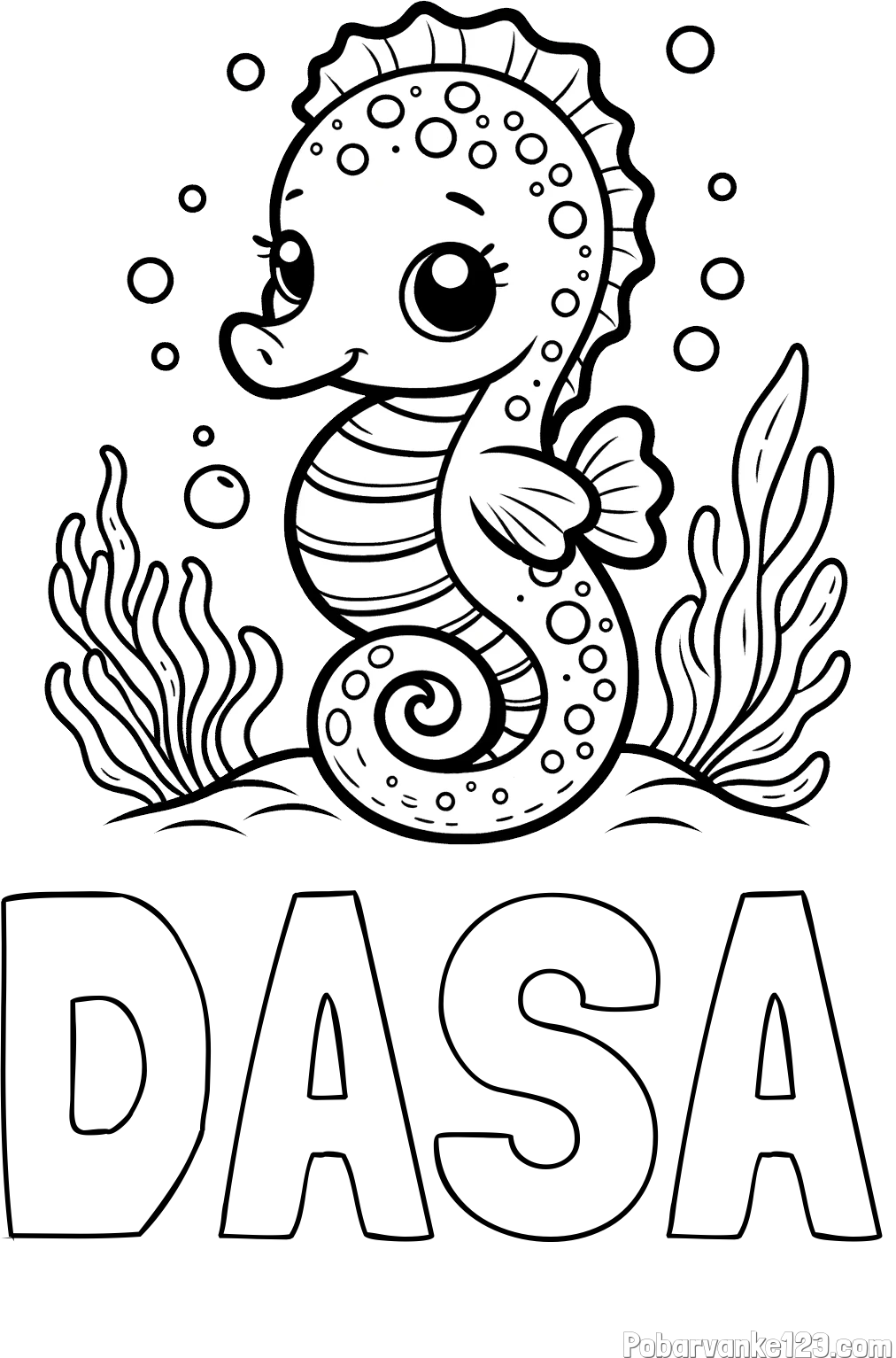 Pobarvanka imena DAŠA in pobarvanka morskega konjička